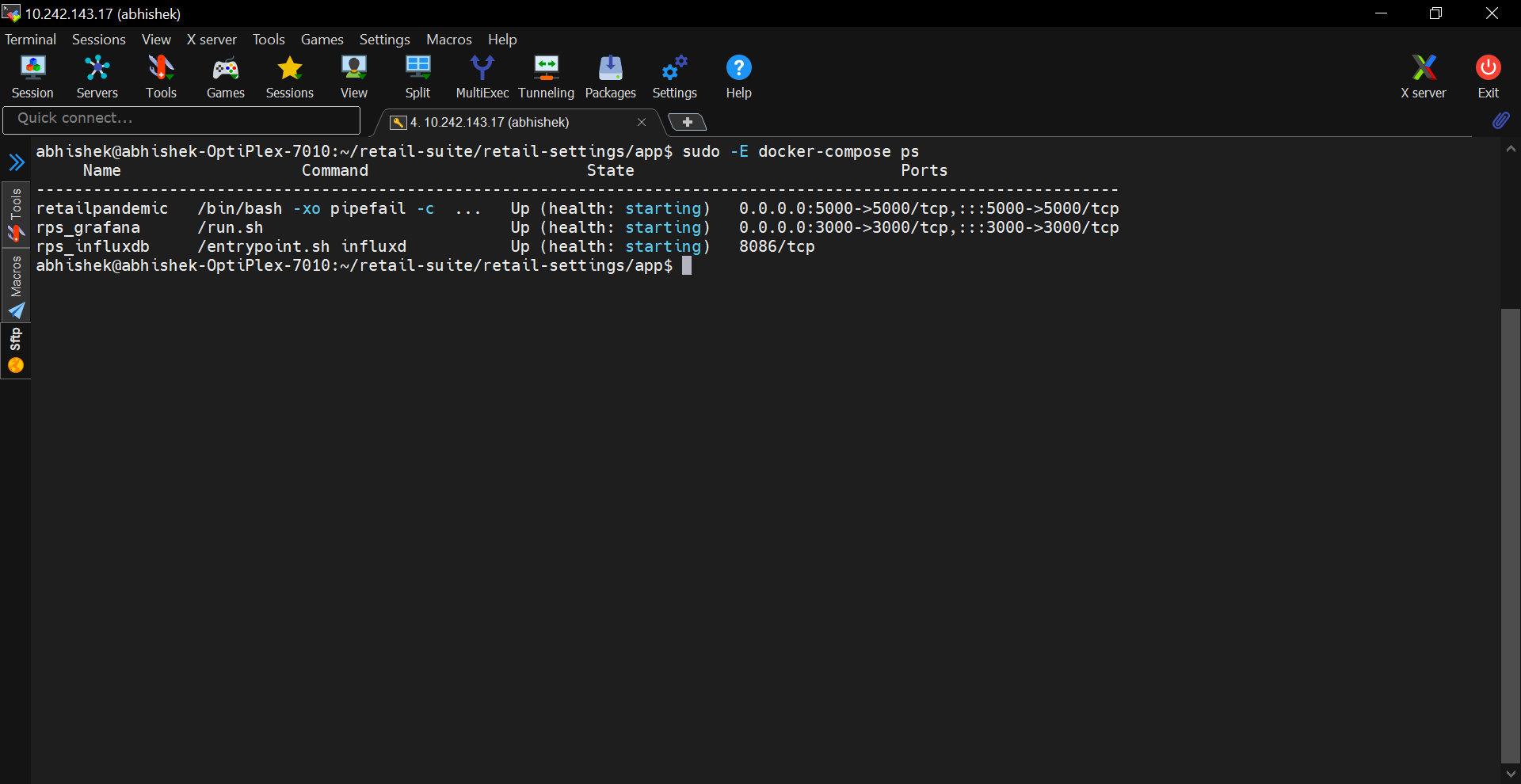 Screenshot of the command entered with container status, showing name, command, state and ports of each.