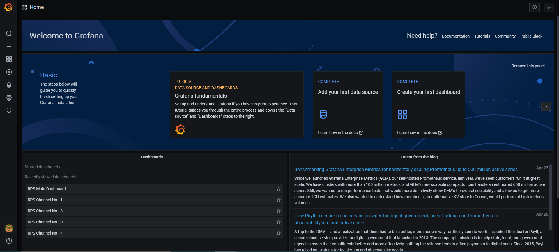 Screenshot of the Grafana* Welcome screen. There is the option to select the dashboard on the bottom of the screen. 