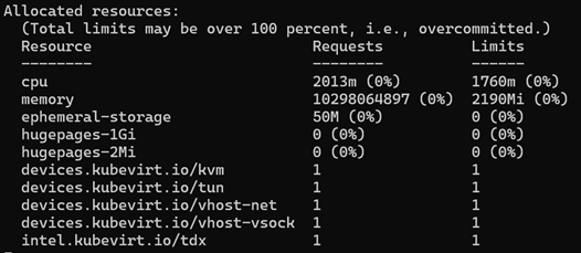 Command line output showing Kubernetes node resources with TDX key usage highlighted.