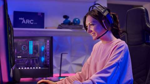 Graphics lifestyle - female gamer profile at home with desktop pc using intel arc a750 connected asset